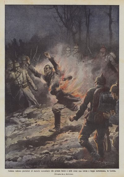 Soldat allemand porteur de matières incendiaires qui prend feu et brûle comme une torche et s