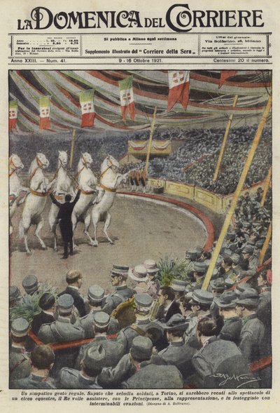 Soldats regardant des chevaux performants à un cirque à Turin - Achille Beltrame