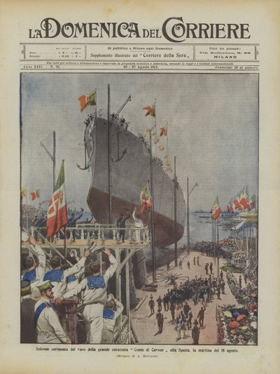 Cérémonie solennelle du lancement du grand cuirassé Conte di Cavour à La Spezia, le matin du 10 août - Achille Beltrame