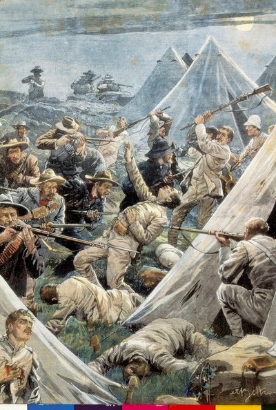Afrique du Sud. Seconde Guerre des Boers. Attaque du camp anglais de Tweefontein (1902). Illustration par Achille Beltrame. - Achille Beltrame