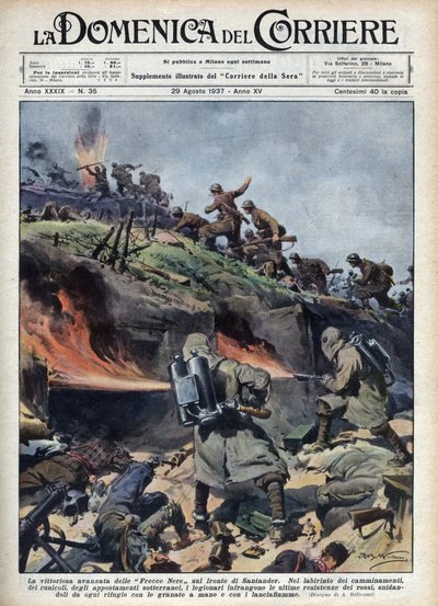 Guerre civile espagnole : Avancée des brigades « Frecce nere » sur le front de Santander. Illustration d