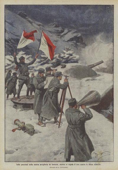 Sur les positions de notre artillerie de forteresse, réglant le tir contre les défenses ennemies - Achille Beltrame