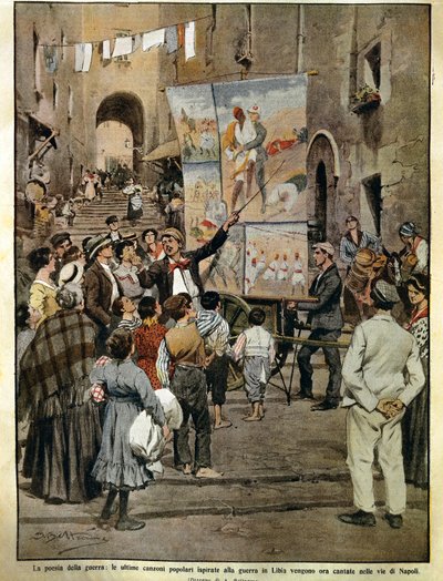 La Domenica del Corriere (journal italien du dimanche) du 8 décembre 1910, chansons populaires inspirées par la guerre en Libye chantées à Naples par des chanteurs de ballades, par Achille Beltrame, illustration - Achille Beltrame