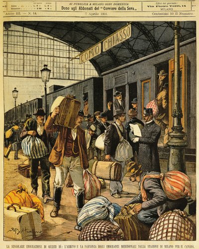 La Grande Émigration : arrivées et départs des émigrants italiens du sud vers le Canada, par Achille Beltrame (1871-1945), de La Domenica del Corriere, 7 avril 1901 - Achille Beltrame