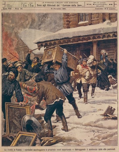 La Révolution russe : Paysans pillant les propriétés des riches ruraux, illustration par Achille Beltrame, La Domenica del Corriere, décembre 1905 - Achille Beltrame