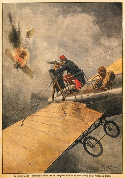 La guerre dans les airs : Duel entre un avion français et un avion allemand dans le ciel de Reims, par Achille Beltrame, de La Domenica del Corriere, 25 octobre 1914 - Achille Beltrame