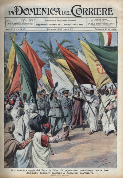 Le duce Benito Mussolini en voyage en Libye est accueilli par la foule. Illustration d