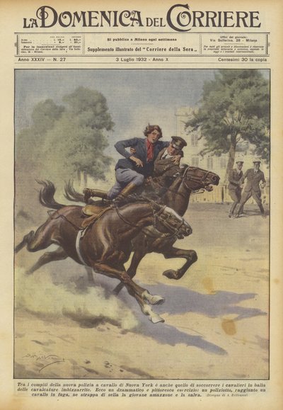 Parmi les tâches de la nouvelle police montée de New York, il y a aussi celle de secourir les cavaliers - Achille Beltrame