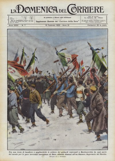 Parmi une fête de drapeaux et de fanions, les rangs des étudiants réunis à Bardonecchia de chaque - Achille Beltrame