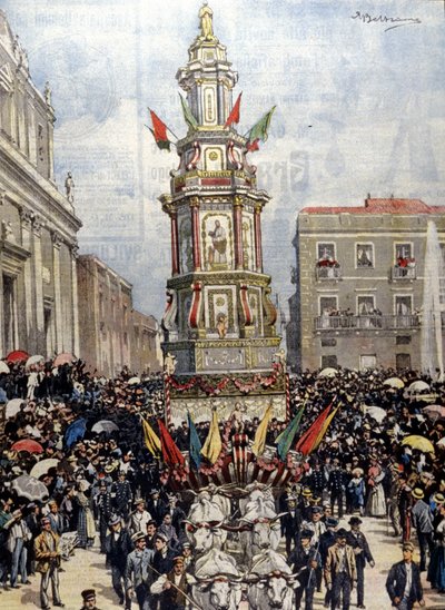 Fête traditionnelle sicilienne : un char en procession à Casteltermini (Girgenti). Illustration de Beltrame. La Domenica del Corriere. 1904 - Achille Beltrame