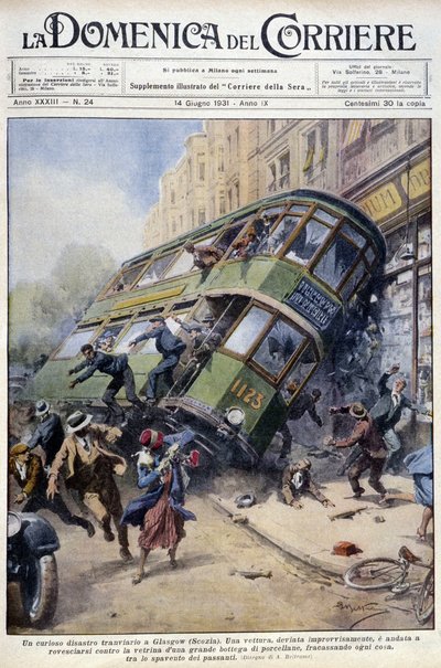 Accident de tramway à Glasgow, Écosse : une des voitures a renversé une vitrine en porcelaine et des passants - dessin de A. Beltrame, dans "La Domenica del Corriere" du 1er février 1931 - Achille Beltrame