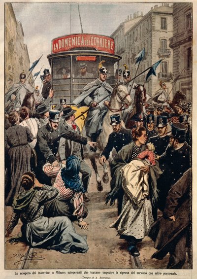 Grève des tramways à Milan, par Achille Beltrame, illustration, illustrateur Achille Beltrame (1871-1945), de La Domenica del Corriere - Achille Beltrame