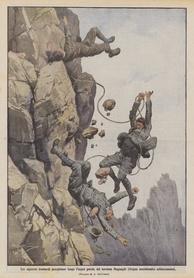 Trois alpinistes lombards tombent le long de la paroi escarpée de la tour Magnaghi (Grigna méridionale) et se brisent - Achille Beltrame