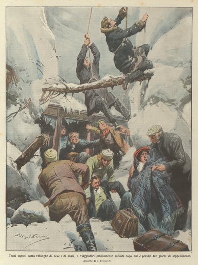 Trains ensevelis sous des avalanches de neige et de pierres, et voyageurs péniblement sauvés après deux jours - Achille Beltrame