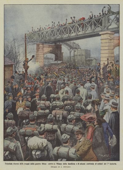 Retour triomphal des troupes de la guerre libyenne, arrivée à Milan du drapeau et de quelques - Achille Beltrame