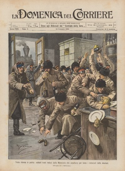 Triste retour au pays, soldats russes revenant de Mandchourie qui attaquent les restaurants des gares par faim - Achille Beltrame