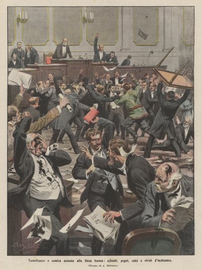 Scène tumultueuse et comique au Parlement de Bohême, gifles, coups de poing, coups de pied et jets d