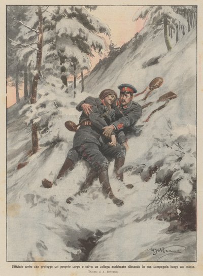 Officier serbe protégeant de son corps et sauvant un collègue gelé en glissant - Achille Beltrame