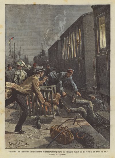 Humbles héros, un cheminot à la gare de Marano (Venise) sauve un compagnon tombé entre les roues - Achille Beltrame