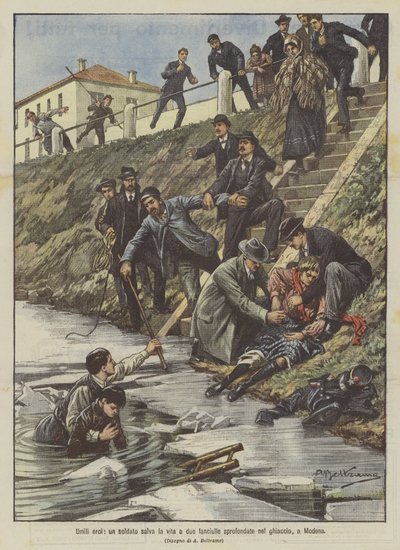 Humbles héros, un soldat sauve la vie à deux jeunes filles tombées dans la glace, à Modène - Achille Beltrame