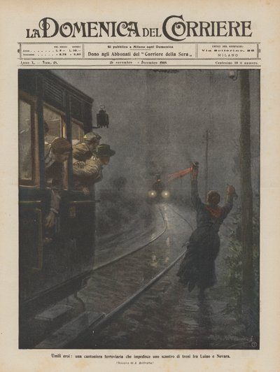 Humbles héros, une cantonnière ferroviaire empêchant une collision de trains entre Luino et Novara - Achille Beltrame