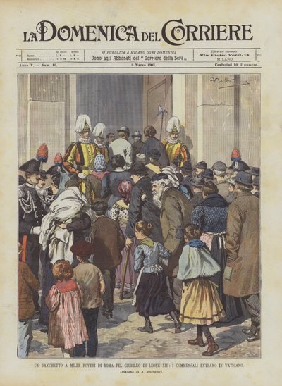 Un banquet pour mille pauvres de Rome pour le jubilé de Léon XIII, les convives entrent au Vatican - Achille Beltrame