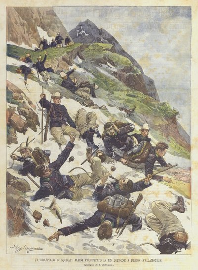 Un détachement de soldats alpins précipité dans un ravin à Breno (Valcamonica) - Achille Beltrame