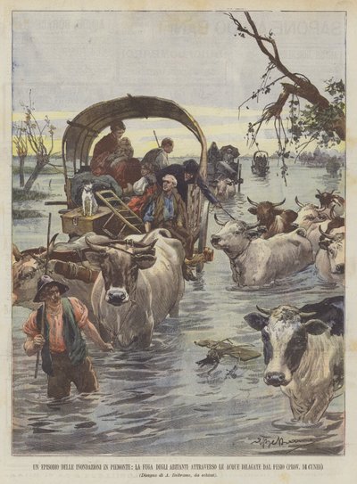 Un épisode des inondations en Piémont, la fuite des habitants à travers les eaux inondées - Achille Beltrame