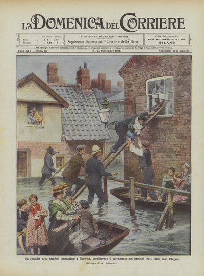 Un épisode des terribles inondations à Norwich, Angleterre, le sauvetage des enfants tirés... - Achille Beltrame