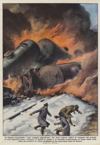 Un fracas formidable et une gigantesque flamme, deux trains roumains affectés au transport - Achille Beltrame