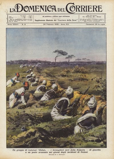 Un groupe de valeureux Dubat, les bersagliers noirs de Somalie, en garde à un poste avancé - Achille Beltrame