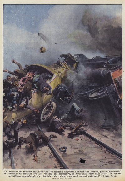 Un autocar renverse une locomotive - Achille Beltrame