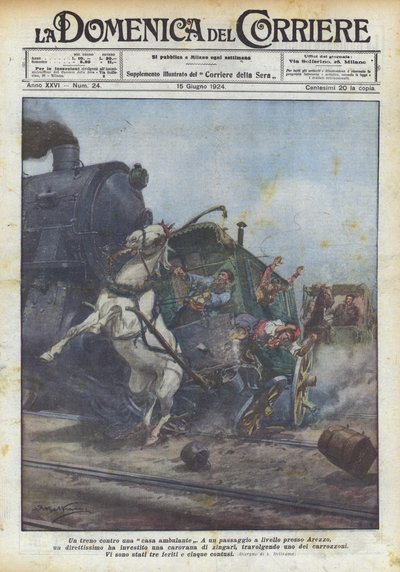 Un train contre une maison ambulante - Achille Beltrame