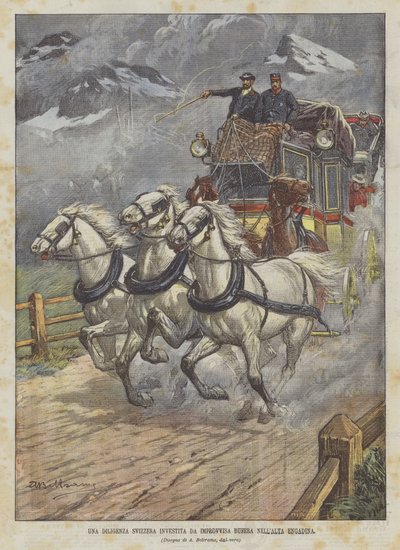 Une diligence suisse prise dans une tempête soudaine en Haute-Engadine - Achille Beltrame