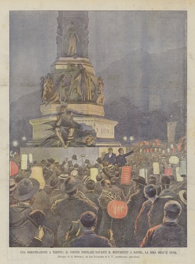 Une manifestation à Trente, le cortège populaire devant le monument à Dante, le soir du 11 courant - Achille Beltrame