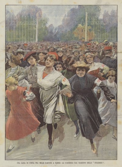 Une course entre mille couturières à Paris, le départ du jardin des Tuileries - Achille Beltrame