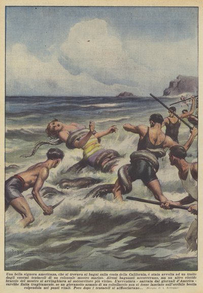 Une belle dame américaine, qui se trouvait aux bains sur la côte de Californie, a été enveloppée - Achille Beltrame