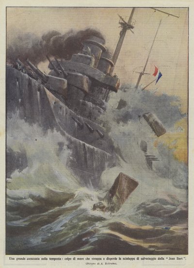 Un grand cuirassé dans la tempête, une vague arrache et disperse les chaloupes - Achille Beltrame