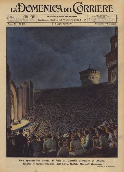 Une soirée spectaculaire de foule au Château des Sforza de Milan, pendant les représentations - Achille Beltrame
