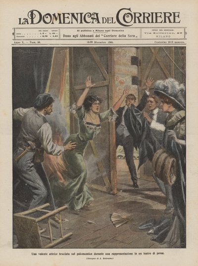 Une talentueuse actrice brûlée sur scène pendant une représentation dans un théâtre de prose - Achille Beltrame