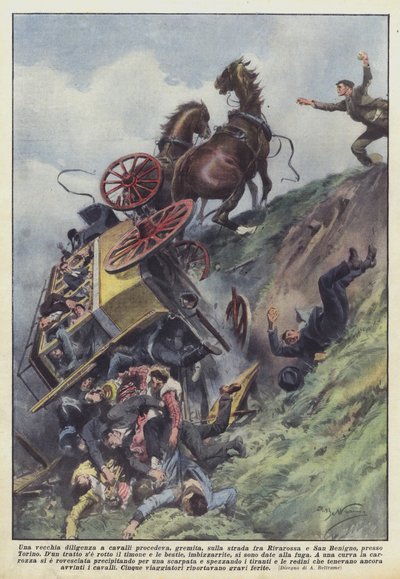 Une vieille diligence à chevaux avançait, bondée, sur la route entre Rivarossa et San Benigno, près de Turin - Achille Beltrame