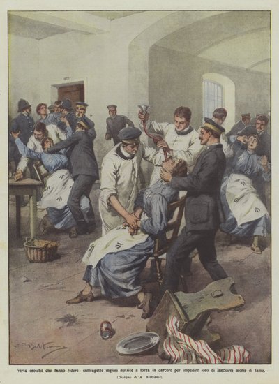 Vertus héroïques qui font rire, suffragettes anglaises nourries de force en prison pour les empêcher - Achille Beltrame