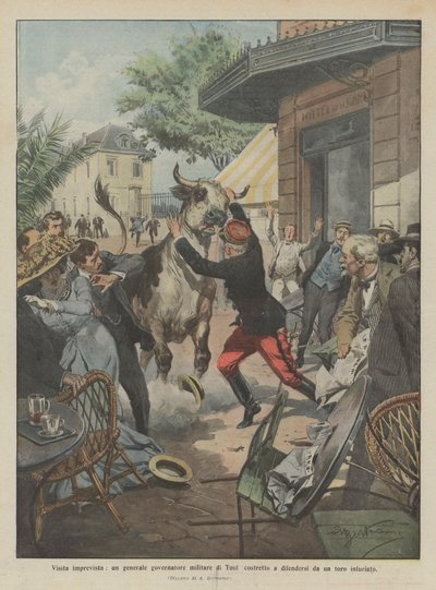 Visite imprévue, un général gouverneur militaire de Toul obligé de se défendre contre un taureau enragé - Achille Beltrame