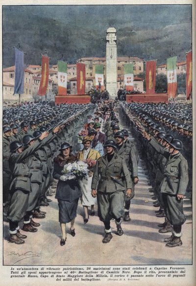 Cérémonie de mariage des membres des chemises noires (camicie nere) à Caprino Veronese en Vénétie. Illustration d