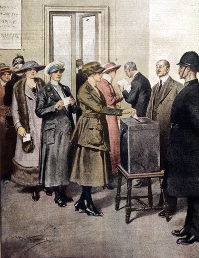 Les femmes ont voté pour la première fois en Angleterre. 1919. Illustration de A. Beltrame. La Domenica del Corriere - Achille Beltrame
