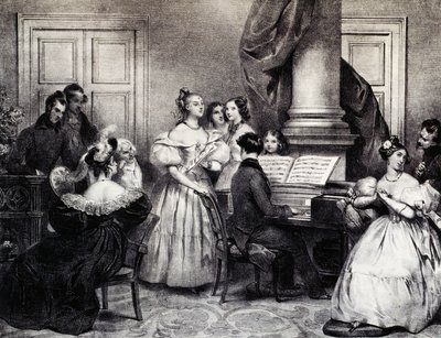 Concert familial avec piano, par Achille Deveria (1800-1857), gravure, France - Achille Devéria