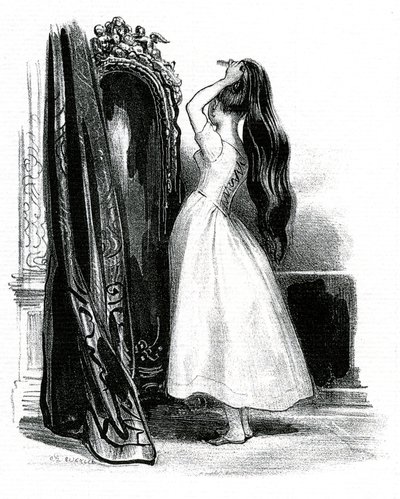 Madame Bovary, pour le roman de Gustave Flaubert - Emma Bovary entasse ses longs cheveux devant son miroir - Achille Devéria