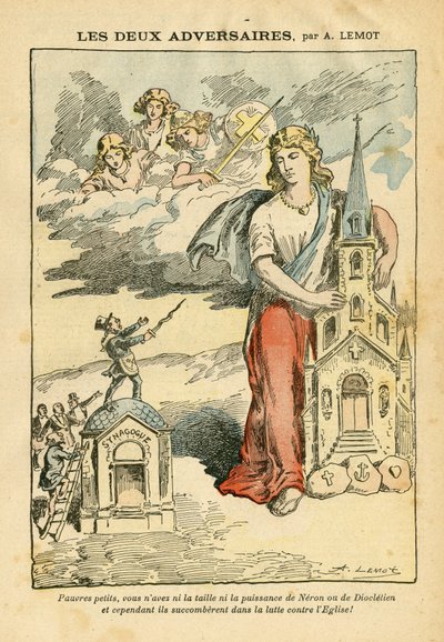 Illustration par Achille Lemot dans Le Pèlerin, 09/09/06 - Les deux adversaires - Antisémitisme, Religion Foi, Drapeau tricolore, Cathédrale Églises, Synagogue, Catholicisme - Allégorie, Changement d