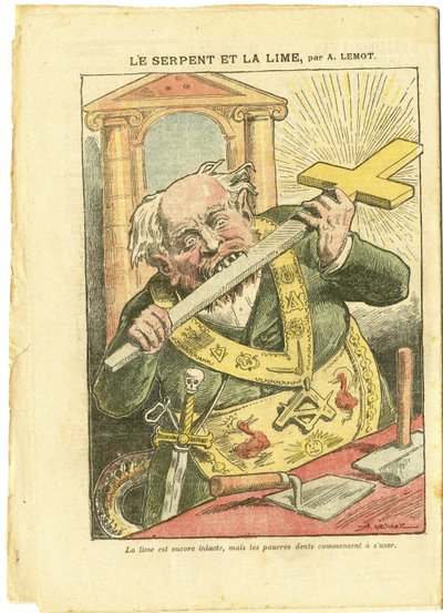 Illustration par Achille Lemot (1846-1909) dans Le Pèlerin, 23/05/09 - Le Serpent et le Citron - Antimaçonnisme, Religion Foi, Croix Chrétienne, Fables de La Fontaine et autres, Catholicisme - Laïcisation - Serpents - Animalisation - Achille Lemot