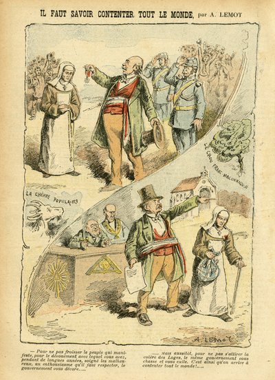 Illustration de Achille Lemot (1846-1909) dans Le Pèlerin, 03/09/05 - Il faut savoir contenter tout le monde - Anticléricalisme, Antimaçonnisme Franc-maçonnerie, Religion Foi, Médaille, Bloc des gauches, Catholicisme Catholique - Expulsions de religieux, L - Achille Lemot